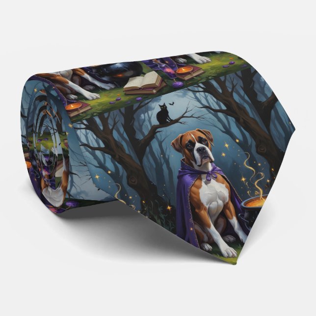 Boxer Dog Whimsical Halloween Painting  Tie (Rolled)