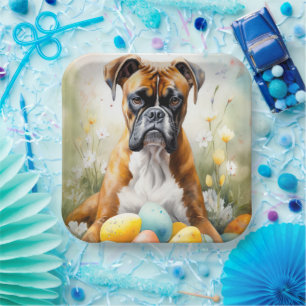 Boxer Dog with Easter Eggs Holiday Paper Plate