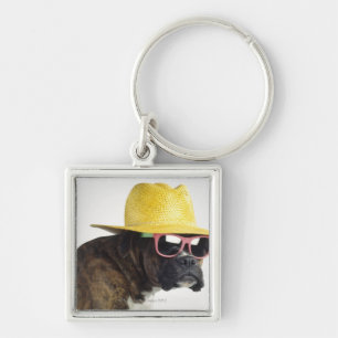 Boxer dog with hat and glasses key ring