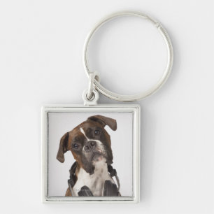 boxer dog with headphones key ring