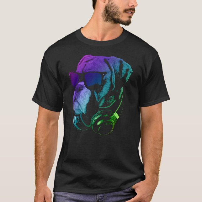 Boxer Dog With Sunglasses And Headphones T-Shirt (Front)