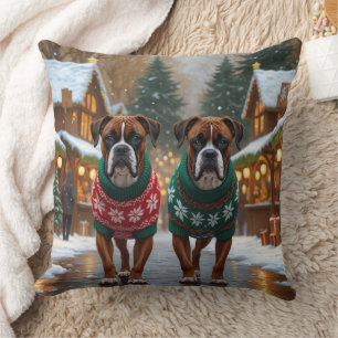 Boxer Dogs Christmas Snow Holiday  Cushion