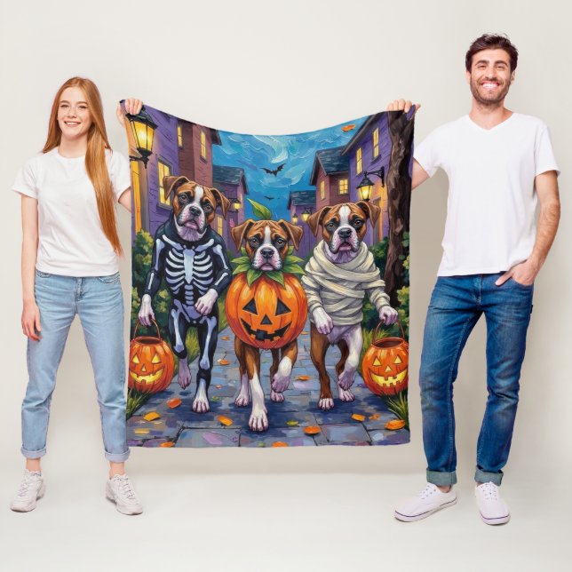 Boxer Dogs Trick-or-Treating in Halloween Costumes Fleece Blanket (In Situ)