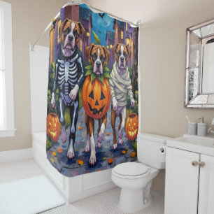 Boxer Dogs Trick-or-Treating in Halloween Costumes Shower Curtain