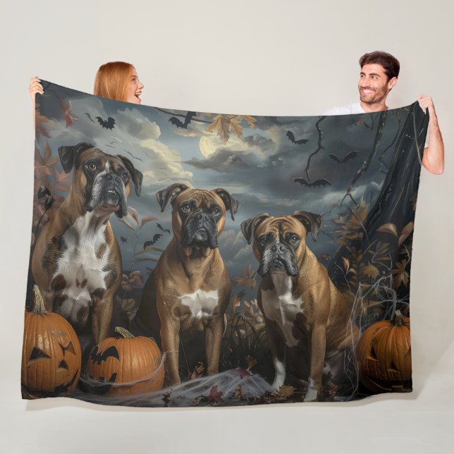 Boxer Halloween Night Doggy Delight Fleece Blanket (In Situ)