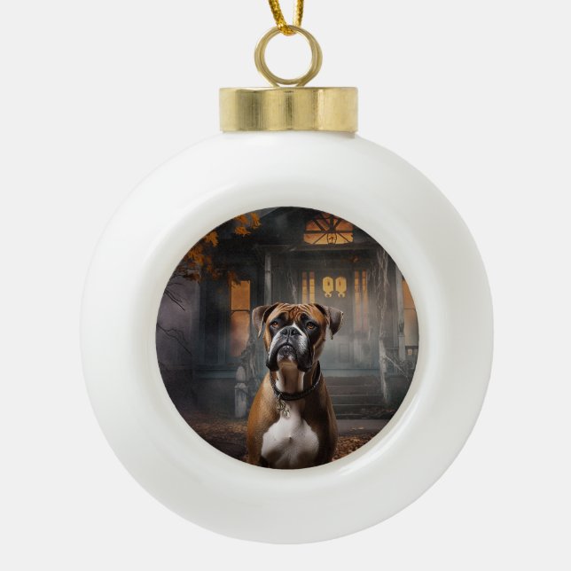 Boxer Halloween Scary Ceramic Ball Christmas Ornament (Front)