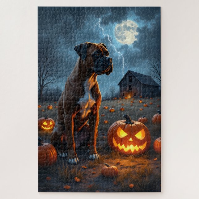 Boxer Haunted Pumpkin Patch Halloween Art Jigsaw Puzzle (Vertical)