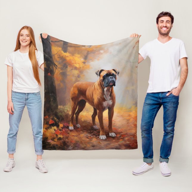 Boxer in Autumn Leaves Fall Inspire  Fleece Blanket (In Situ)