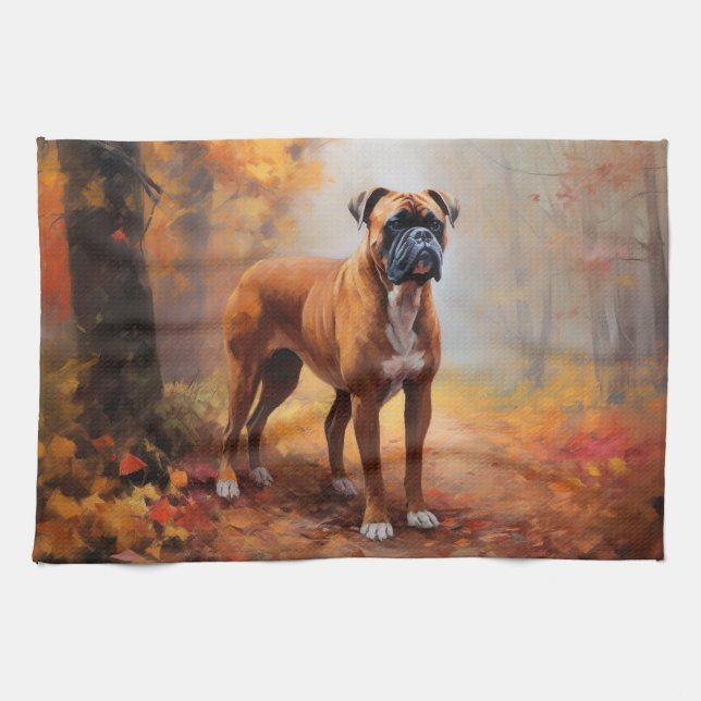 Boxer in Autumn Leaves Fall Inspire  Tea Towel (Horizontal)