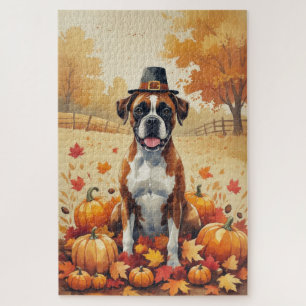 Boxer In Autumn Leaves Thanksgiving Art Jigsaw Puzzle