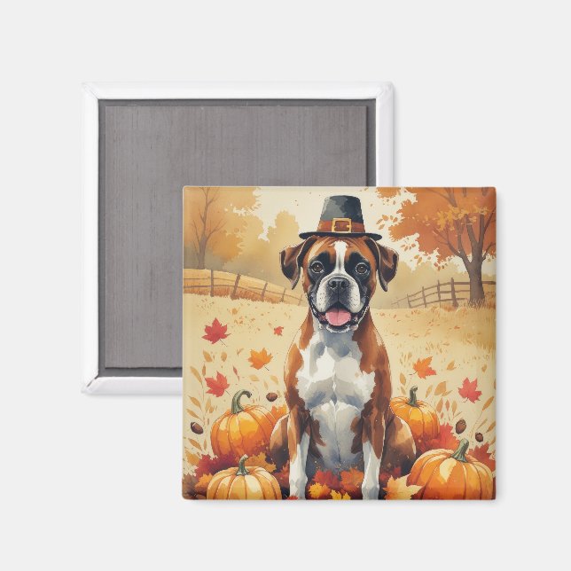 Boxer In Autumn Leaves Thanksgiving Art Magnet (Front/Back)