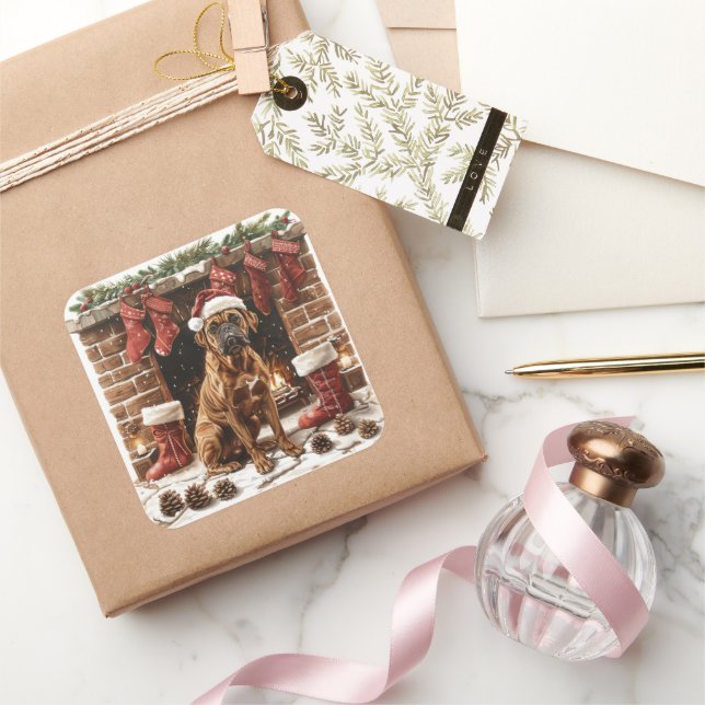 Boxer in Santa Hat by Fireplace  Square Sticker (Gifting)