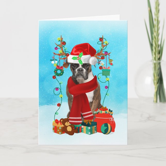  Boxer in snow with Christmas gifts  Card (Front)