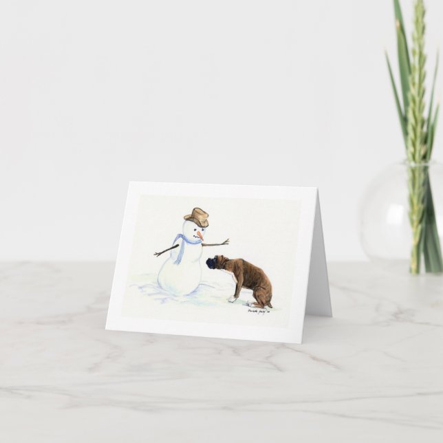 "Boxer Meets Snowman" Dog Art Notecard (Front)