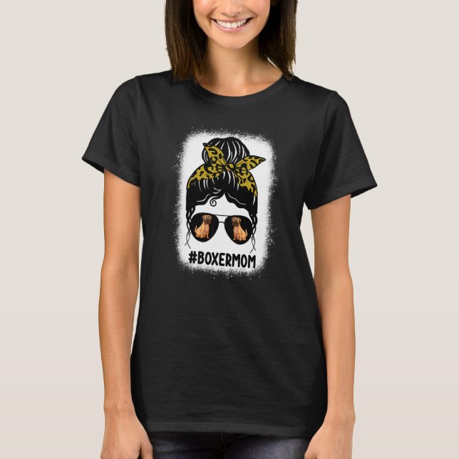 Boxer Mum Messy Bun Hair Leopard Print Glasses Dog T-Shirt (Front)