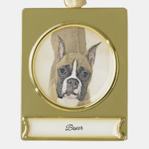 Boxer Painting - Cute Original Dog Art Gold Plated Banner Ornament