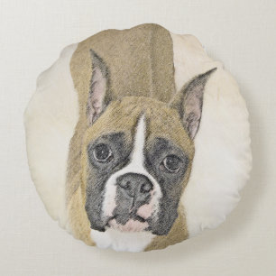 Boxer Painting - Cute Original Dog Art Round Cushion