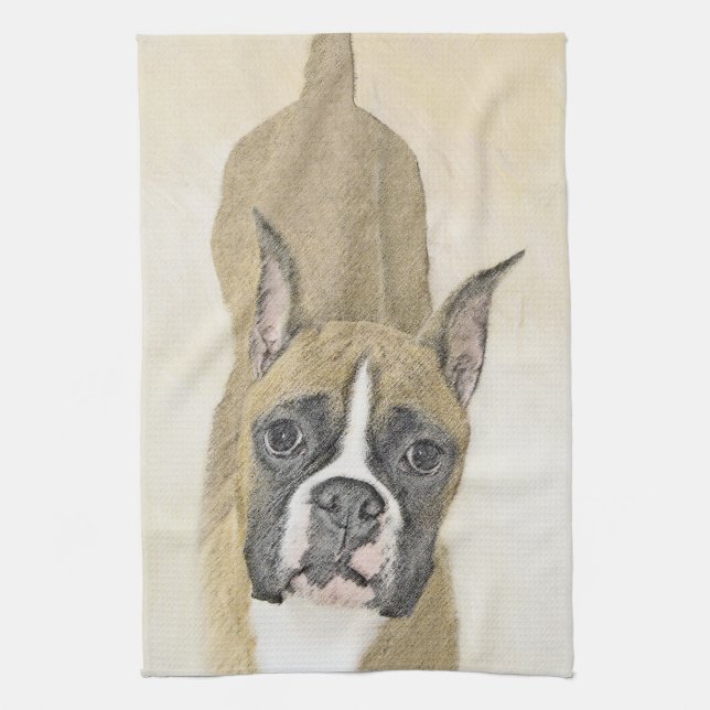 Boxer Painting - Cute Original Dog Art Tea Towel (Vertical)