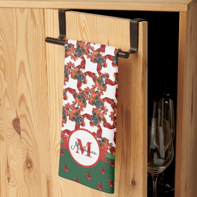 Boxer Pattern Monogram Christmas Dog Tea Towel (Thirds Fold)