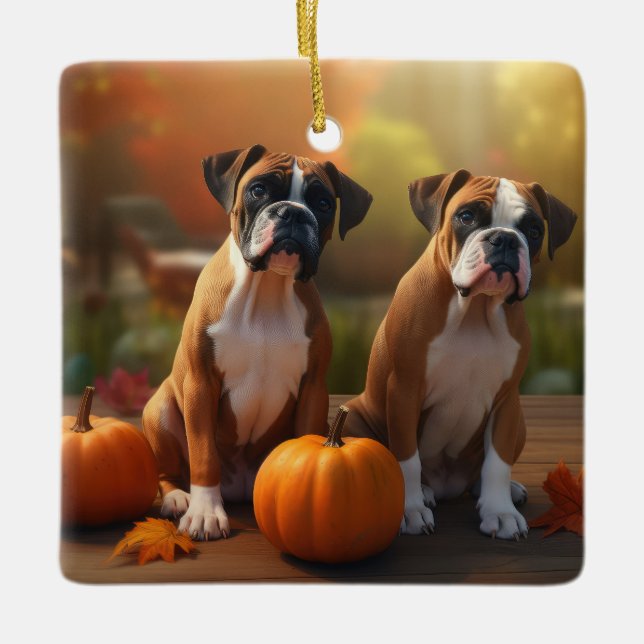 Boxer Puppy Autumn Delight Pumpkin  Ceramic Ornament (Front)