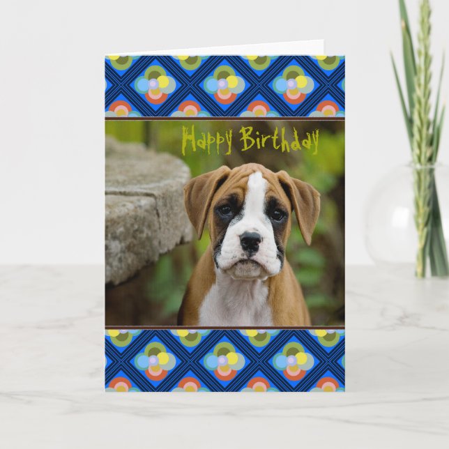 Boxer Puppy Dog in Retro Pattern Frame Card (Front)