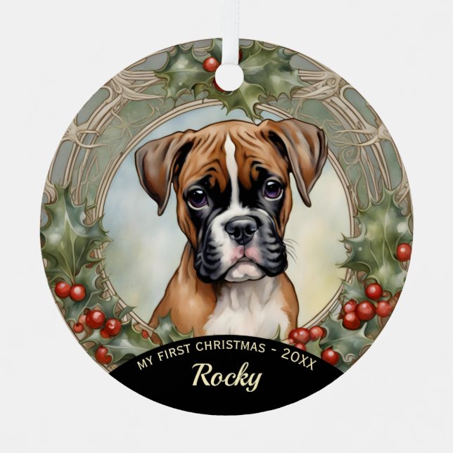 Boxer Puppy First Christmas Metal Ornament (Front)