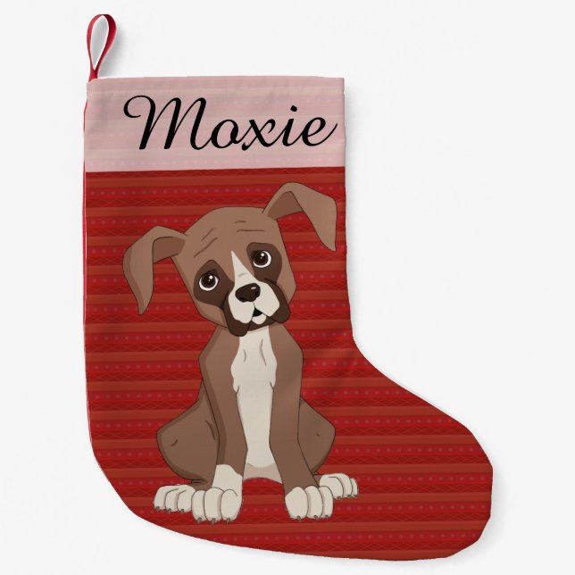 Boxer puppy on a Red Christmas Pattern Small Christmas Stocking (Front)