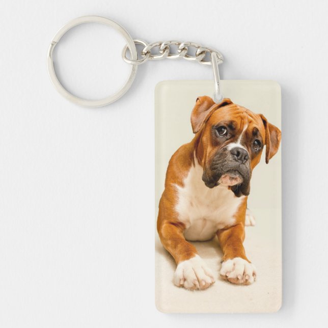 Boxer puppy on ivory cream backdrop. key ring (Front)