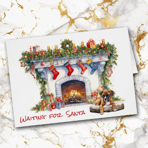 Boxer Puppy Waiting on Santa Christmas Fireplace