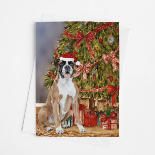 Boxer Puppy Watercolor Under Christmas Tree Card