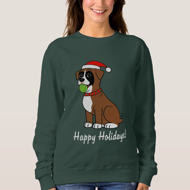 Boxer Puppy with Santa Hat Happy Holidays Sweatshirt (Front)