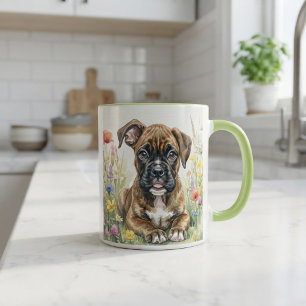 Boxer Puppy with Watercolor Flowers Mug