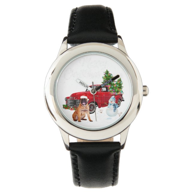 Boxer Red Truck Merry Christmas Snowman Dog Lover Watch (Front)