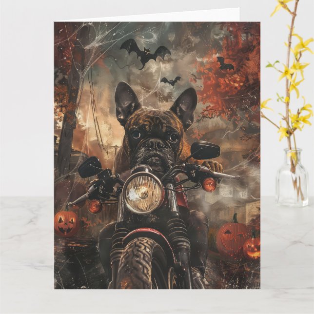Boxer Riding Motorcycle Halloween Scary  Card (Yellow Flower)