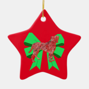 Boxer Silhouette Red Dog & Green Bow Christmas Ceramic Tree Decoration