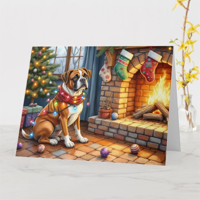 Boxer Sitting by Fireplace with Christmas Lights Card (Yellow Flower)