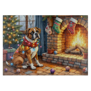 Boxer Sitting by Fireplace with Christmas Lights Cutting Board