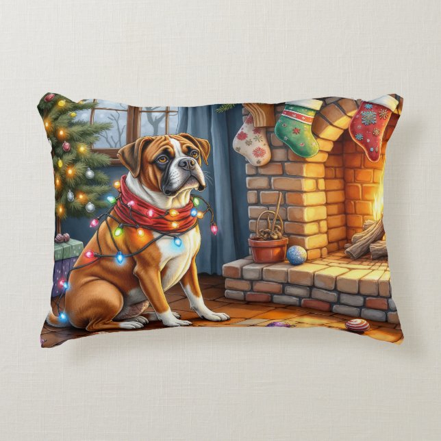 Boxer Sitting by Fireplace with Christmas Lights Decorative Cushion (Front)