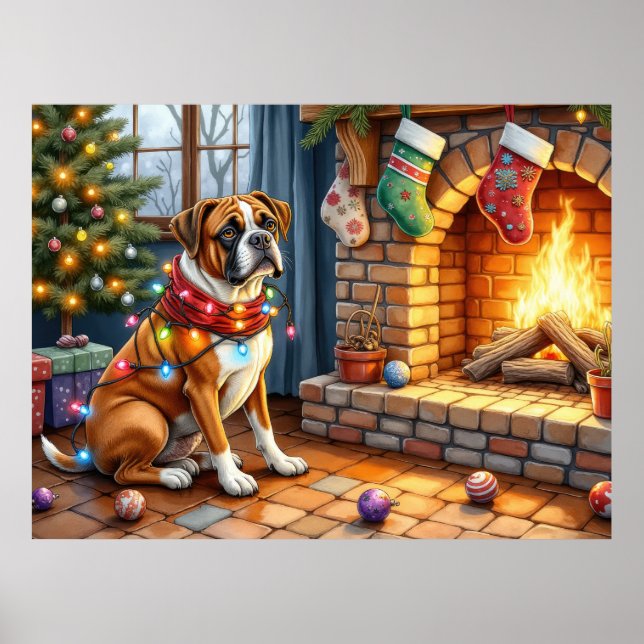 Boxer Sitting by Fireplace with Christmas Lights Poster (Front)