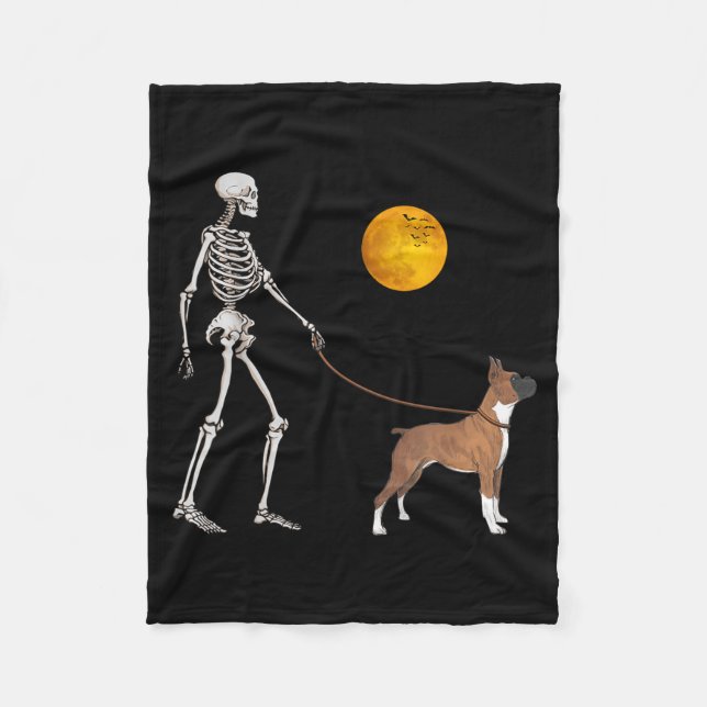 Boxer Skeleton Dog Walking Halloween Costume Fleece Blanket (Front)