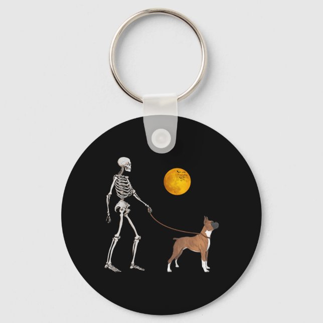 Boxer Skeleton Dog Walking Halloween Costume Key Ring (Front)