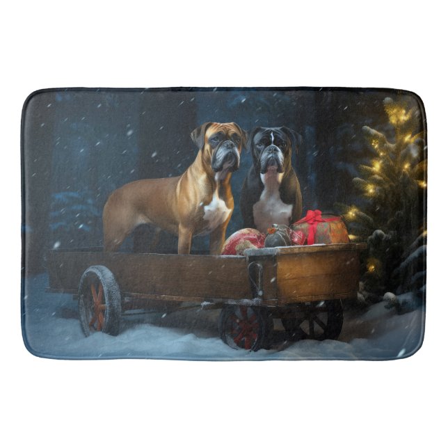 Boxer Snowy Sleigh Christmas Decor Bath Mat (Front)