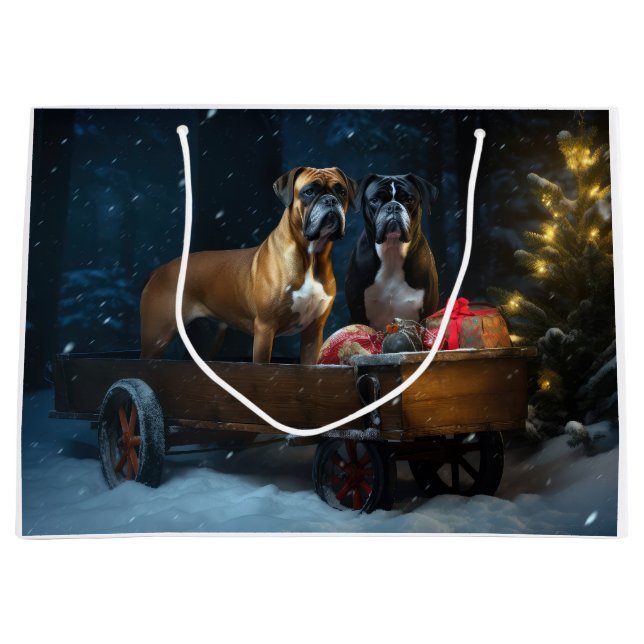 Boxer Snowy Sleigh Christmas Decor Large Gift Bag (Front)