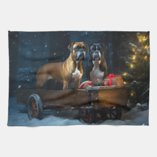 Boxer Snowy Sleigh Christmas Decor Tea Towel