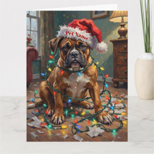 Boxer Tangled in Christmas Lights Guilty Hat Card