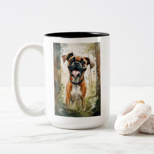 Boxer Terrier Watercolor Whimsical  Two-Tone Coffee Mug (With Donut)