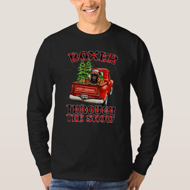 Boxer Through The Snow Christmas Truck Plaid Red   T-Shirt (Front)