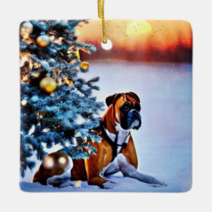 Boxer Under Christmas Tree Ceramic Ornament