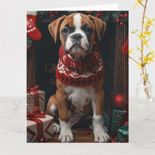 Boxer with Christmas Gifts Fireplace  Card (Yellow Flower)