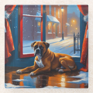 Boxer with Christmas Lights Holiday Glass Coaster
